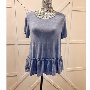 Ayla Ruffle Bottom Denim Look Soft Stretchy Feel Open Back Short Sleeve, Medium